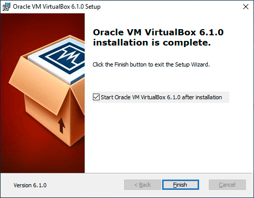 удачное окончание установки virtualbox